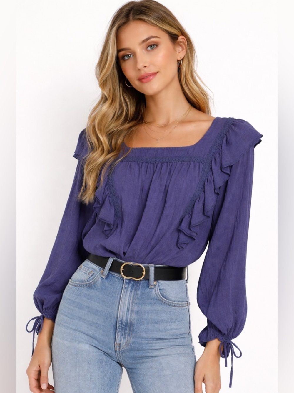 🦋Zara Women’s Ruffle Long-Sleeve Square Neck Blouse Sz S OVERSIZED